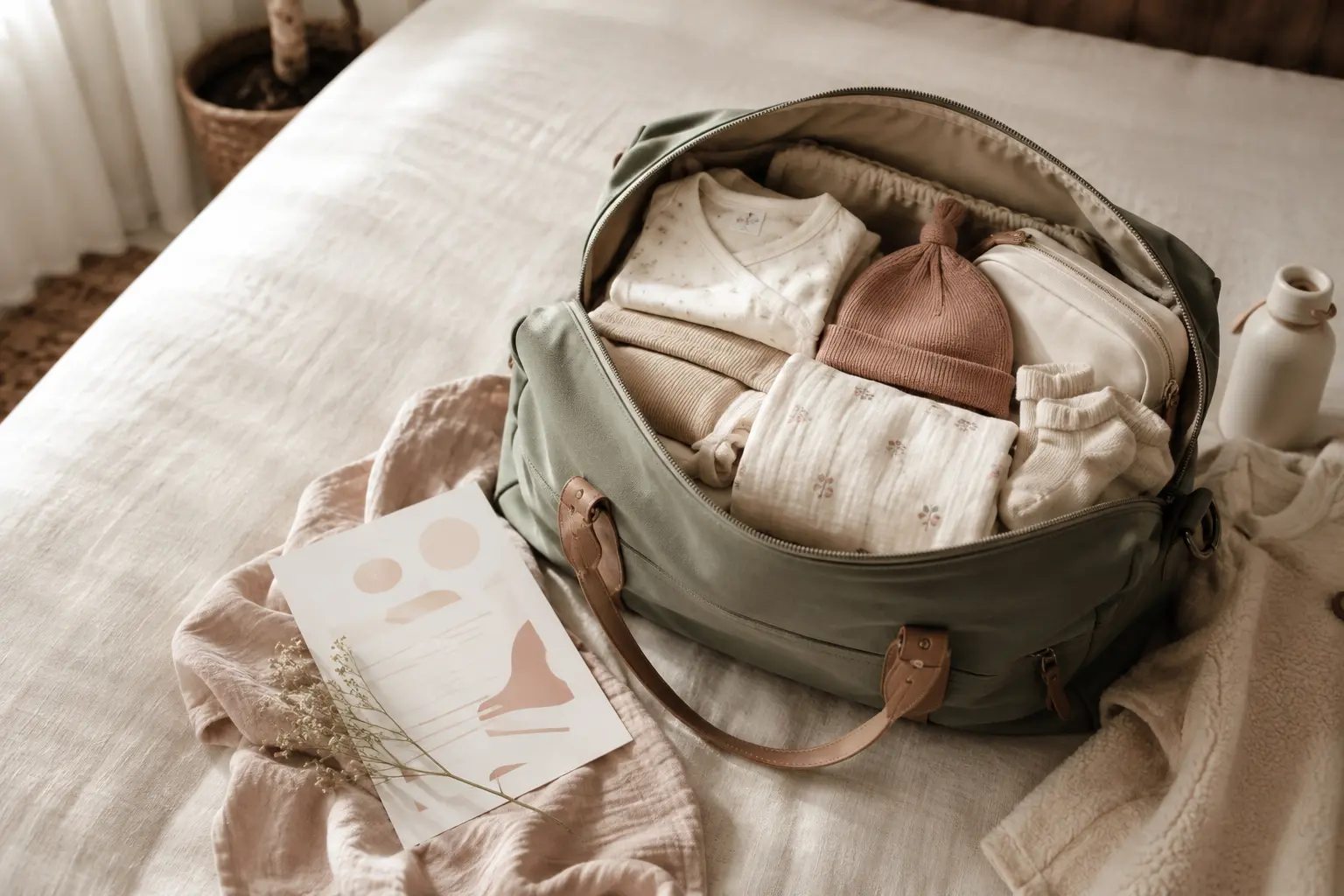 Een zorgvuldig ingepakte ziekenhuistas met neutrale babykleertjes, mutsje en zachte deken